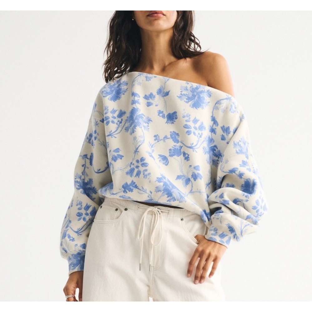 Abercrombie & Fitch Fleece Sweatshirt Sunday Slash Floral White Blue Small